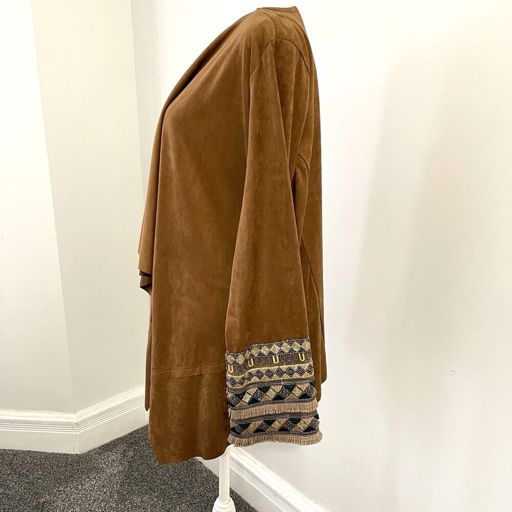Soft Surroundings Faux Suede Cardigan Womens Large Boho Sequined Fringed Cuffs - Picture 2 of 10